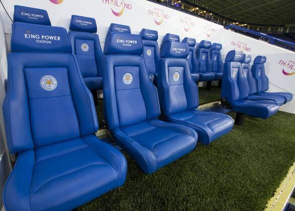 01.03.2016. King Power Stadium, Leicester, England. Barclays Premier League. Leicester versus West Bromwich Albion. The team seats in the pitch side dug out displaying the King Power logo and Leicester City Football Club emblem. xRolandxHarrisonx  ActionPlus11712947