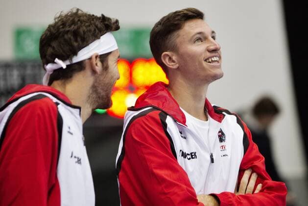 TENNIS - ITF, Davis Cup, POR vs AUT GUIMARAES,PORTUGAL,02.MAR.16 - TENNIS - ITF, Davis Cup, Portugal vs Austria, training team AUT. Image shows Gerald Melzer and Dennis Novak (AUT). GEPAxpictures xMatthiasxHauer