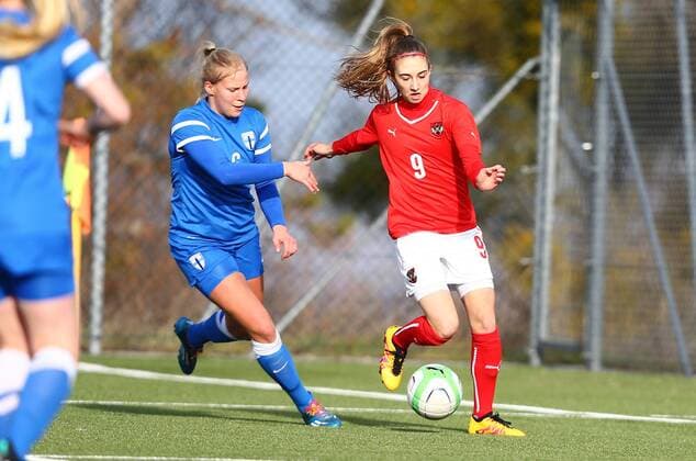 SOCCER - U19 test match, ladies, AUT vs FIN LINDABRUNN,AUSTRIA,02.MAR.16 - SOCCER - OEFB international match Länderspiel test match, Under 19, ladies, Austria vs Finland. Image shows Emma Santamaeki (FIN) and Katharina Naschenweng (AUT). GEPAxpictures xCh.xKelemen