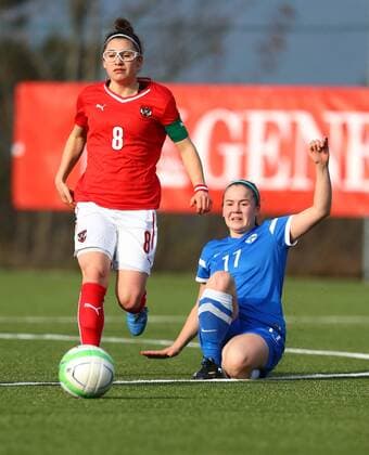 SOCCER - U19 test match, ladies, AUT vs FIN LINDABRUNN,AUSTRIA,02.MAR.16 - SOCCER - OEFB international match Länderspiel test match, Under 19, ladies, Austria vs Finland. Image shows Katharina Aufhauser (AUT) and Iida Laakkonen (FIN). GEPAxpictures xCh.xKelemen