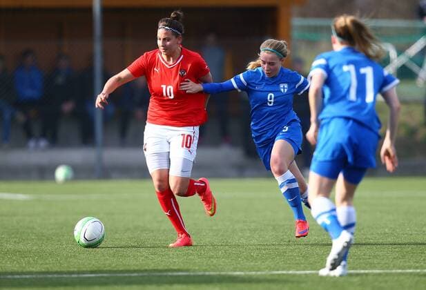 SOCCER - U19 test match, ladies, AUT vs FIN LINDABRUNN,AUSTRIA,02.MAR.16 - SOCCER - OEFB international match Länderspiel test match, Under 19, ladies, Austria vs Finland. Image shows Marina Georgieva (AUT) and Heidi Kollanen (FIN). GEPAxpictures xCh.xKelemen