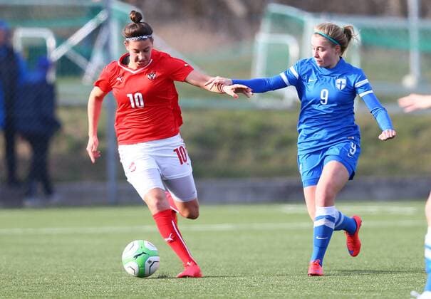 SOCCER - U19 test match, ladies, AUT vs FIN LINDABRUNN,AUSTRIA,02.MAR.16 - SOCCER - OEFB international match Länderspiel test match, Under 19, ladies, Austria vs Finland. Image shows Marina Georgieva (AUT) and Heidi Kollanen (FIN). GEPAxpictures xCh.xKelemen
