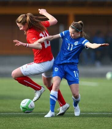 SOCCER - U19 test match, ladies, AUT vs FIN LINDABRUNN,AUSTRIA,02.MAR.16 - SOCCER - OEFB international match Länderspiel test match, Under 19, ladies, Austria vs Finland. Image shows Anna Egretzberger (AUT) and Tiia Savolainen (FIN). GEPAxpictures xCh.xKelemen