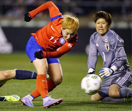 Fußball, Damen, Olympia Qualifikation, Japan - Südkorea Soccer: Japan in danger of missing out on Rio after draw with S. Korea Jung Sul Bin (L) of South Korea scores an equalizer past Japan s goalkeeper Miho Fukumoto (R) in the second half of a game at Kincho Stadium in Osaka in western Japan in an Asian final qualifier for the Rio de Janeiro Olympics on March 2, 2016. The game ended in a 1-1 draw. 
