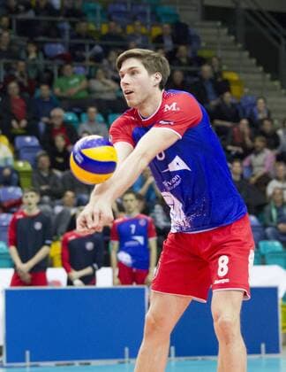 Volleyball Hessen - 1. Bundesliga Männer 02.03.2016 United Volleys Rheinmain (blau) - TSV Herrsching (blau) v.l. Jan Klobucar (RheinMain 8) United Volleys Rheinmain - TSV Herrsching