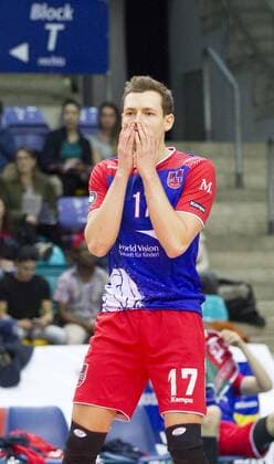 Volleyball Hessen - 1. Bundesliga Männer 02.03.2016 United Volleys Rheinmain (blau) - TSV Herrsching (blau) v.l. Jan Zimmermann (RheinMain 17) United Volleys Rheinmain - TSV Herrsching