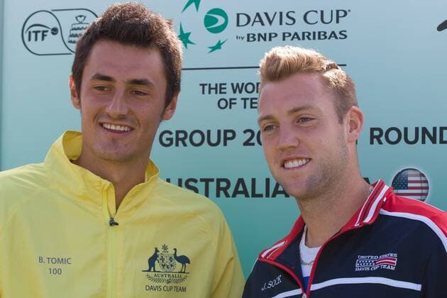 March 3, 2016: Bernard Tomic of Australia and Jack Sock of USA at the official draw of the BNP Paribas Davis Cup World Group first round tie between Australia and USA at Kooyong tennis club in Melbourne, Australia. Tennis 2016: Davis Cup AUS v USA Draw - ZUMAc04_