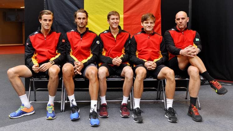 Belgian Arthur De Greef, Belgian Ruben Bemelmans, Belgian Kimmer Coppejans, Belgian David Goffin and Davis Cup captain Johan Van Herck pictured during the draw of the playing schedule for the Davis Cup first round World Group meeting between Belgium and Croatia, Thursday 03 March 2016, in Angleur, Liege. The first round will be played from 04 to 06 March 2016, Liege. BENOITxDOPPAGNE  x04803634x