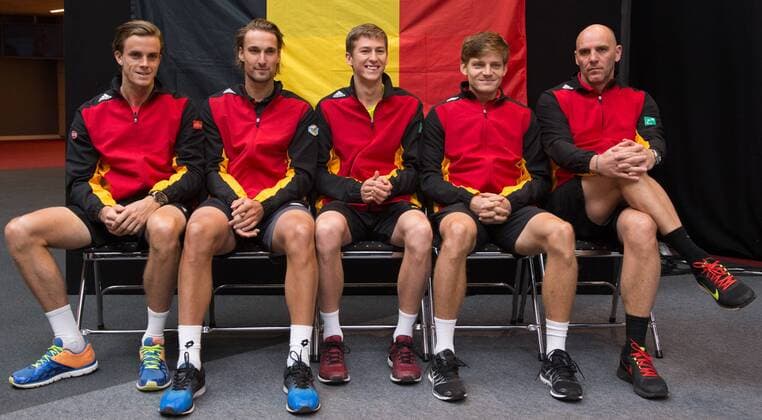 Belgian Arthur De Greef, Belgian Ruben Bemelmans, Belgian Kimmer Coppejans, Belgian David Goffin and Davis Cup captain Johan Van Herck pictured during the draw of the playing schedule for the Davis Cup first round World Group meeting between Belgium and Croatia, Thursday 03 March 2016, in Angleur, Liege. The first round will be played from 04 to 06 March 2016, Liege. BENOITxDOPPAGNE  x04803669x