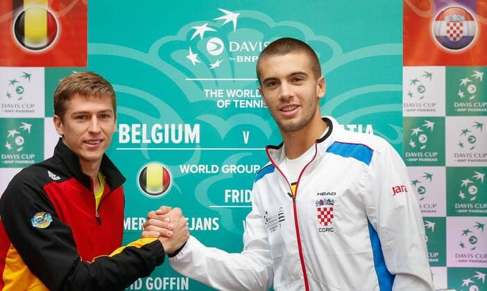 Belgian Kimmer Coppejans and Croatian Borna Coric pictured during the draw of the playing schedule for the Davis Cup first round World Group meeting between Belgium and Croatia, Thursday 03 March 2016, in Angleur, Liege. The first round will be played from 04 to 06 March 2016, Liege. POOLxPHILIPPExBUISSINx xBENOITxDOPPAGNE  x04803759x