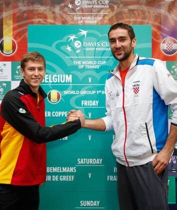 Marin Cilic (R) of Croatia and Kimmer Coppejans of Belgium pictured during the draw of the playing schedule for the Davis Cup first round World Group meeting between Belgium and Croatia, Thursday 03 March 2016, in Angleur, Liege. The first round will be played from 04 to 06 March 2016, Liege. POOLxPHILIPPExBUISSINx xBENOITxDOPPAGNE  x04803760x