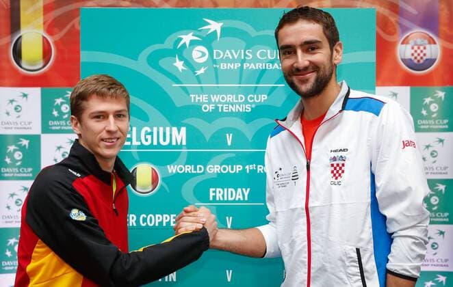 Marin Cilic (R) of Croatia and Kimmer Coppejans of Belgium pictured during the draw of the playing schedule for the Davis Cup first round World Group meeting between Belgium and Croatia, Thursday 03 March 2016, in Angleur, Liege. The first round will be played from 04 to 06 March 2016, Liege. POOLxPHILIPPExBUISSINx xBENOITxDOPPAGNE  x04803757x