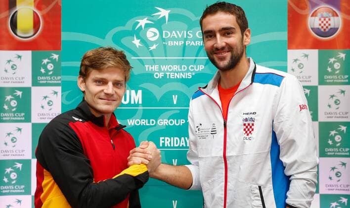 Marin Cilic (R) of Croatia and David Goffin of Belgium pictured during the draw of the playing schedule for the Davis Cup first round World Group meeting between Belgium and Croatia, Thursday 03 March 2016, in Angleur, Liege. The first round will be played from 04 to 06 March 2016, Liege. POOLxPHILIPPExBUISSINx xBENOITxDOPPAGNE  x04803758x