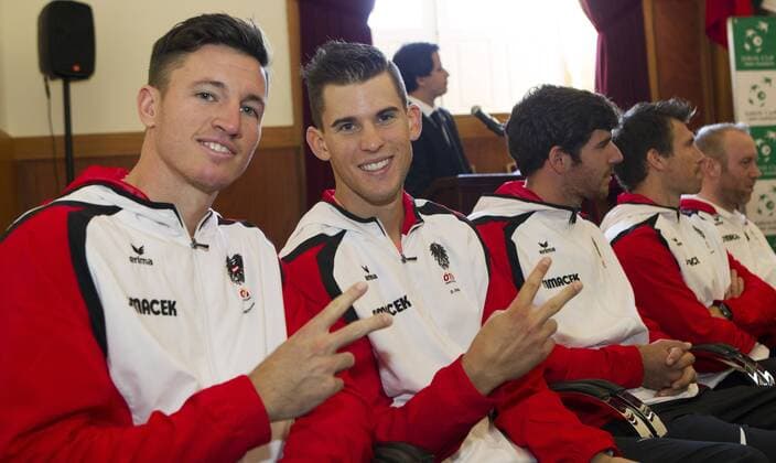 Tennis, Davis Cup, Portugal - Österreich Pressetermin TENNIS - ITF, Davis Cup, POR vs AUT GUIMARAES,PORTUGAL,03.MAR.16 - TENNIS - ITF, Davis Cup, Portugal vs Austria, draw. Image shows Dennis Novak and Dominic Thiem (AUT). GEPAxpictures xMatthiasxHauer