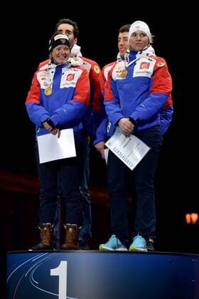 BIATHLON - IBU World Championships OSLO,NORWAY,03.MAR.16 - BIATHLON - IBU World Championships, relay 2x6km ladies and 2x7.5km men, mixed team, award ceremony. Image shows Martin Fourcade, Marie Dorin Habert, Quentin Fillon Maillet and Anais Bescond (FRA). Keywords: medal. GEPAxpictures xFlorianxErtl