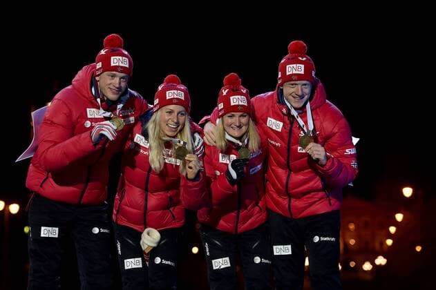 BIATHLON - IBU World Championships OSLO,NORWAY,03.MAR.16 - BIATHLON - IBU World Championships, relay 2x6km ladies and 2x7.5km men, mixed team, award ceremony. Image shows Tarjei Boe, Tiril Eckhoff, Marte Olsbu and Johannes Thingnes Boe (NOR). Keywords: medal. GEPAxpictures xFlorianxErtl