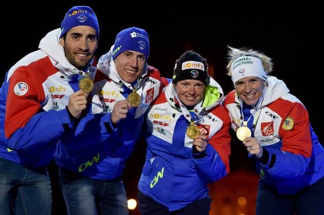 BIATHLON - IBU World Championships OSLO,NORWAY,03.MAR.16 - BIATHLON - IBU World Championships, relay 2x6km ladies and 2x7.5km men, mixed team, award ceremony. Image shows Martin Fourcade, Quentin Fillon Maillet, Marie Dorin Habert and Anais Bescond (FRA). Keywords: medal. GEPAxpictures xFlorianxErtl