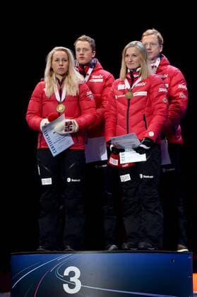 BIATHLON - IBU World Championships OSLO,NORWAY,03.MAR.16 - BIATHLON - IBU World Championships, relay 2x6km ladies and 2x7.5km men, mixed team, award ceremony. Image shows Tarjei Boe, Johannes Thingnes Boe, Tiril Eckhoff and Marte Olsbu (NOR). Keywords: medal. GEPAxpictures xFlorianxErtl