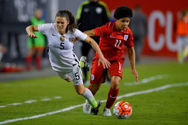 March 3, 2016 - Tampa, Florida, USA - US defender Kelley O Hara (5) and England defender Demi Stokes(11) battle for a ball during the She Believes Cup at Raymond James Stadium on March 3, 2016 in Tampa, Florida. USA vs England - ZUMAm63_