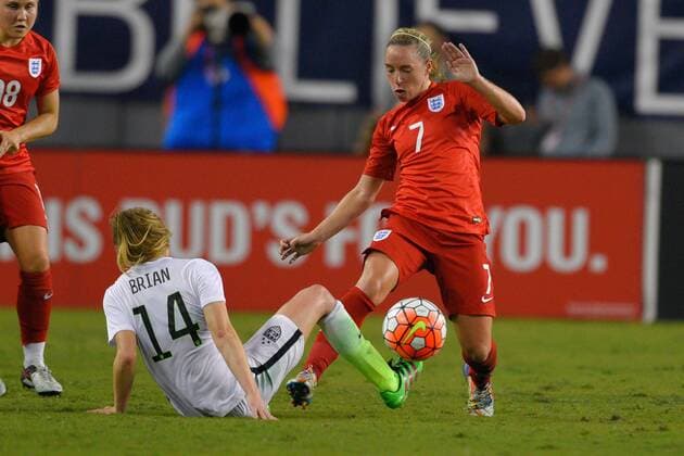 March 3, 2016 - Tampa, Florida, USA - England midfielder Jordan Nobbs (7) is defended by US midfielder Morgan Brian (14) during the She Believes Cup at Raymond James Stadium on March 3, 2016 in Tampa, Florida. The US won 1-0. USA vs England - ZUMAm63_