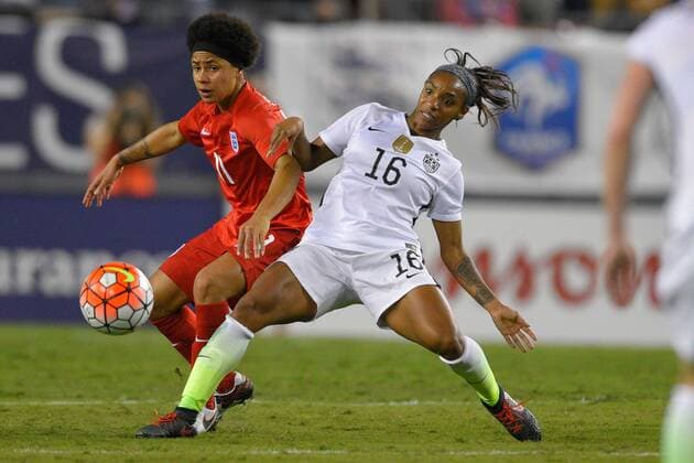 March 3, 2016 - Tampa, Florida, USA - US forward Crystal Dunn (16) and England defender Demi Stokes(11) fight for the ball during the She Believes Cup at Raymond James Stadium on March 3, 2016 in Tampa, Florida. The US won 1-0. USA vs England - ZUMAm63_