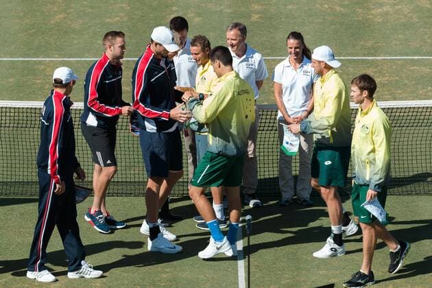 March 4, 2016: The teams exchange penants for the BNP Paribas Davis Cup World Group first round tie between Australia and USA at Kooyong tennis club in Melbourne, Australia. Tennis 2016: Davis Cup AUS v USA Day 1 - ZUMAc04_