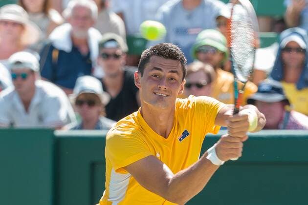 March 4, 2016: Bernard Tomic of Australia in action against Jack Sock of USA during match two of the BNP Paribas Davis Cup World Group first round tie between Australia and USA at Kooyong tennis club in Melbourne, Australia. Tennis 2016: Davis Cup AUS v USA Day 1 - ZUMAc04_
