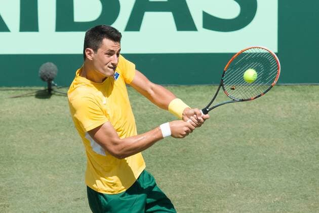 March 4, 2016: Bernard Tomic of Australia in action against Jack Sock of USA during match two of the BNP Paribas Davis Cup World Group first round tie between Australia and USA at Kooyong tennis club in Melbourne, Australia. Tennis 2016: Davis Cup AUS v USA Day 1 - ZUMAc04_