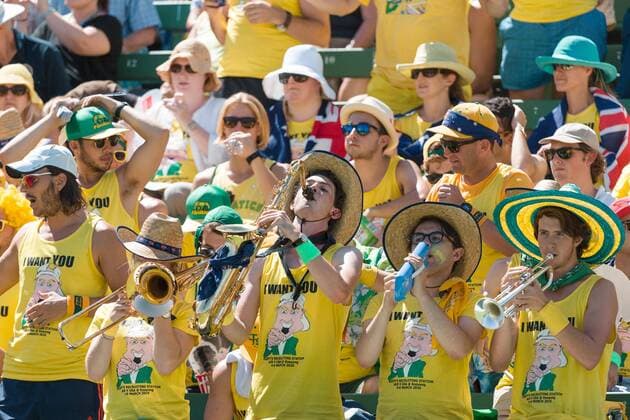 March 4, 2016: The fanatics cheer squad supporting Bernard Tomic of Australia against Jack Sock of USA during match two of the BNP Paribas Davis Cup World Group first round tie between Australia and USA at Kooyong tennis club in Melbourne, Australia. Tennis 2016: Davis Cup AUS v USA Day 1 - ZUMAc04_