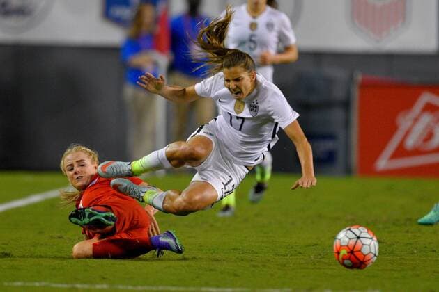 March 3, 2016 - Tampa, Florida, U.S. - US midfielder TOBIN HEATH (17) is tackled by England defender ALEX GREENWOOD (3) during the She Believes Cup at Raymond James Stadium. Soccer 2016 - USA Women Beat England 1-0 - ZUMAm63_