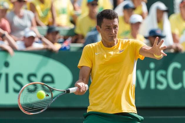 March 4, 2016: Bernard Tomic of Australia in action against Jack Sock of USA during match two of the BNP Paribas Davis Cup World Group first round tie between Australia and USA at Kooyong tennis club in Melbourne, Australia. Tomic won in 4 sets. Tennis 2016: Davis Cup AUS v USA Day 1 - ZUMAc04_