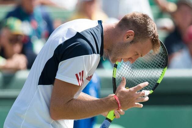 March 4, 2016: Jack Sock of USA reacts after losing a point against Bernard Tomic of Australia during match two of the BNP Paribas Davis Cup World Group first round tie between Australia and USA at Kooyong tennis club in Melbourne, Australia. Tennis 2016: Davis Cup AUS v USA Day 1 - ZUMAc04_