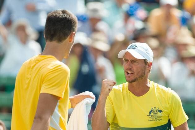 March 4, 2016: Lleyton Hewitt captain of the Australian team reacts after Bernard Tomic broke the serve of Jack Sock of USA during match two of the BNP Paribas Davis Cup World Group first round tie between Australia and USA at Kooyong tennis club in Melbourne, Australia. Tomic won in 4 sets. Tennis 2016: Davis Cup AUS v USA Day 1 - ZUMAc04_