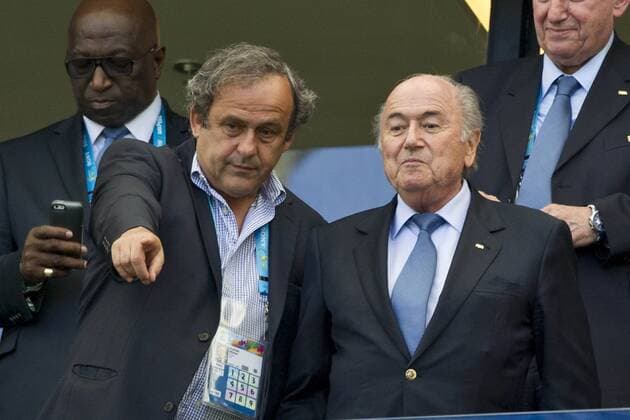 Sepp Blatter wird am 10. Maerz 2016 80 Jahre alt, UEFA-Praesident Michel PLATINI, links, und FIFA-Praesident Joseph Sepp BLATTER auf der Tribuene, Deutschland (GER) - Portugal (POR) 4:0, Vorrunde Gruppe G, am 16.06.2014 in Salvador Fussball Weltmeistschaft 2014 in Brasilien vom 12.06. - 13.07.2014. Â¬Â