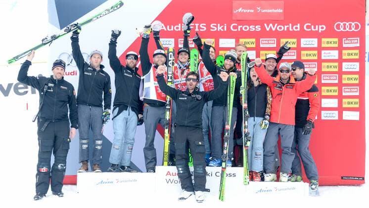 SKI CROSS - FIS SX WC Arosa AROSA,SWITZERLAND,04.MAR.16 - FREESTYLE SKIING - FIS World Cup, Ski Cross, ladies, men, award ceremony for the overall World Cup. Image shows the team Canada with the Nations Cup crystal globe. Keywords: grophy. GEPAxpictures xOliverxLerch