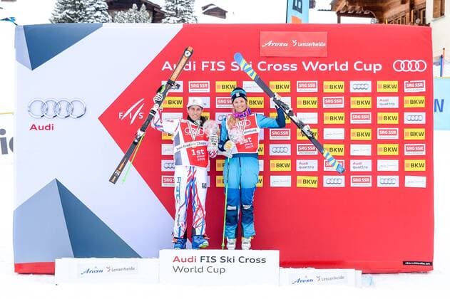 SKI CROSS - FIS SX WC Arosa AROSA,SWITZERLAND,04.MAR.16 - FREESTYLE SKIING - FIS World Cup, Ski Cross, ladies, men, award ceremony for the overall World Cup. Image shows Jean Frederic Chapuis (FRA) and Anna Holmlund (SWE) with the crystal globe. Keywords: trophy. GEPAxpictures xOliverxLerch