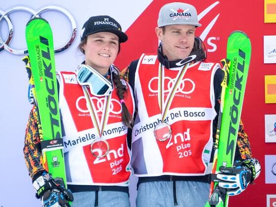 SKI CROSS - FIS SX WC Arosa AROSA,SWITZERLAND,04.MAR.16 - FREESTYLE SKIING - FIS World Cup, Ski Cross, ladies, men, award ceremony for the overall World Cup. Image shows Marielle Thompson and Christopher Delbosco (CAN). Keywords: Stoeckli, medal. GEPAxpictures xOliverxLerch