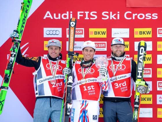 SKI CROSS - FIS SX WC Arosa AROSA,SWITZERLAND,04.MAR.16 - FREESTYLE SKIING - FIS World Cup, Ski Cross, ladies, men, award ceremony for the overall World Cup. Image shows Christopher Delbosco (CAN), Jean Frederic Chapuis (FRA) and Brady Leman (CAN). Keywords: crystal globe, trophy, medal. GEPAxpictures xOliverxLerch