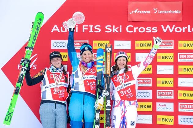 SKI CROSS - FIS SX WC Arosa AROSA,SWITZERLAND,04.MAR.16 - FREESTYLE SKIING - FIS World Cup, Ski Cross, ladies, men, award ceremony for the overall World Cup. Image shows Marielle Thompson (CAN), Anna Holmlund (SWE) and Alizee Baron (FRA). Keywords: crystal globe, trophy, medal. GEPAxpictures xOliverxLerch
