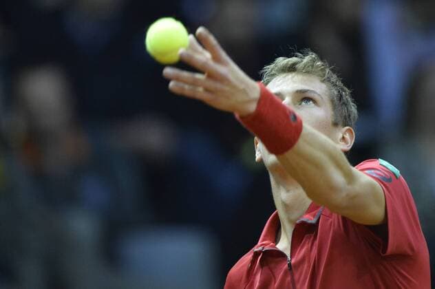 Belgian Kimmer Coppejans serves during the first game, a single game between Belgian Kimmer Coppejans ATP Tennis Herren 122) and Croatian Marin Cilic (ATP 12) on the first day of the Davis Cup first round World Group meeting between Belgium and Croatia, Friday 04 March 2016, in Angleur, Liege. The first round will be played from 04 to 06 March 2016, Liege. BENOITxDOPPAGNE  x04804345x