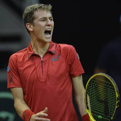 Belgian Kimmer Coppejans reacts during the first game, a single game between Belgian Kimmer Coppejans ATP Tennis Herren 122) and Croatian Marin Cilic (ATP 12) on the first day of the Davis Cup first round World Group meeting between Belgium and Croatia, Friday 04 March 2016, in Angleur, Liege. The first round will be played from 04 to 06 March 2016, Liege. BENOITxDOPPAGNE  x04804347x