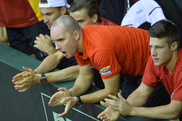 Belgian Steve Darcis pictured during the first game, a single game between Belgian Kimmer Coppejans ATP Tennis Herren 122) and Croatian Marin Cilic (ATP 12) on the first day of the Davis Cup first round World Group meeting between Belgium and Croatia, Friday 04 March 2016, in Angleur, Liege. The first round will be played from 04 to 06 March 2016, Liege. BENOITxDOPPAGNE  x04804351x