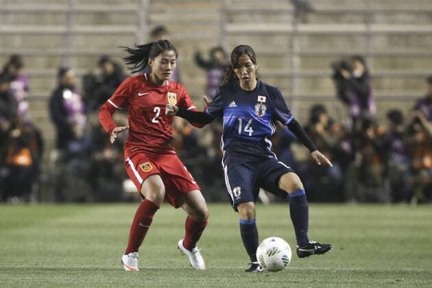 OSAKA, JAPAN - MARCH 04: (CHINA OUT) Liu Shanshan 2 of China and Nakajima Emi 14 of Japan compete for the ball during the AFC Women s Olympic Final Qualification Round match between Japan and China at Kincho Stadium on March 4, 2016 in Osaka, Japan.  CFP480616794 