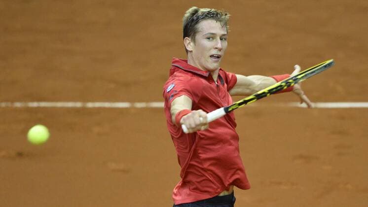 Belgian Kimmer Coppejans pictured in action during the first game, a single game between Belgian Kimmer Coppejans ATP Tennis Herren 122) and Croatian Marin Cilic (ATP 12) on the first day of the Davis Cup first round World Group meeting between Belgium and Croatia, Friday 04 March 2016, in Angleur, Liege. The first round will be played from 04 to 06 March 2016, Liege. BENOITxDOPPAGNE  x04804353x