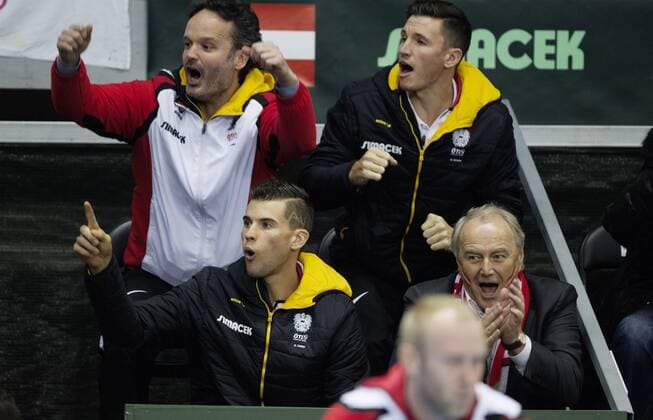 TENNIS - ITF, Davis Cup, POR vs AUT GUIMARAES,PORTUGAL,04.MAR.16 - TENNIS - ITF, Davis Cup, Portugal vs Austria. Image shows Thomas Hammerl, Dominic Thiem, Dennis Novak and Robert Gross (AUT). GEPAxpictures xMatthiasxHauer