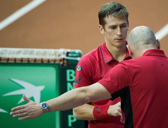 Belgian Kimmer Coppejans performs during the first game, a single game between Belgian Kimmer Coppejans ATP Tennis Herren 122) and Croatian Marin Cilic (ATP 12) on the first day of the Davis Cup first round World Group meeting between Belgium and Croatia, Friday 04 March 2016, in Angleur, Liege. The first round will be played from 04 to 06 March 2016, Liege. BENOITxDOPPAGNE  x04804450x