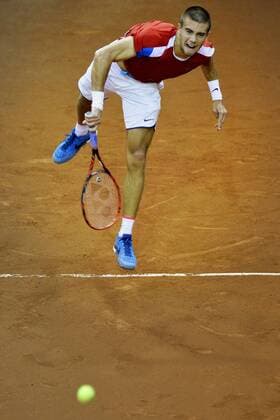 Croatian Borna Coric pictured in action during the second game, a single game between Belgian David Goffin ATP Tennis Herren 16) and Croatian Borna Coric (ATP 47) on the first day of the Davis Cup first round World Group meeting between Belgium and Croatia, Friday 04 March 2016, in Angleur, Liege. The first round will be played from 04 to 06 March 2016, Liege. BENOITxDOPPAGNE  x04804480x