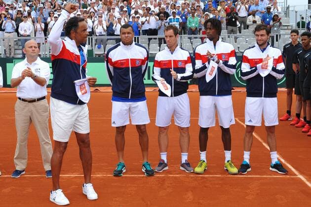 Mannschaftsbild France, Yannick Noah, Jo Wilfried Tsonga, Richard Gasquet et Gilles Simon TENNIS : Coupe Davis France vs Canada 2016 - 04 03 2016 TennisMagazine Panoramic 