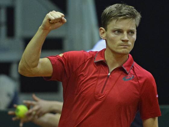 Belgian David Goffin gestures during the second game, a single game between Belgian David Goffin ATP Tennis Herren 16) and Croatian Borna Coric (ATP 47) on the first day of the Davis Cup first round World Group meeting between Belgium and Croatia, Friday 04 March 2016, in Angleur, Liege. The first round will be played from 04 to 06 March 2016, Liege. BENOITxDOPPAGNE  x04804499x