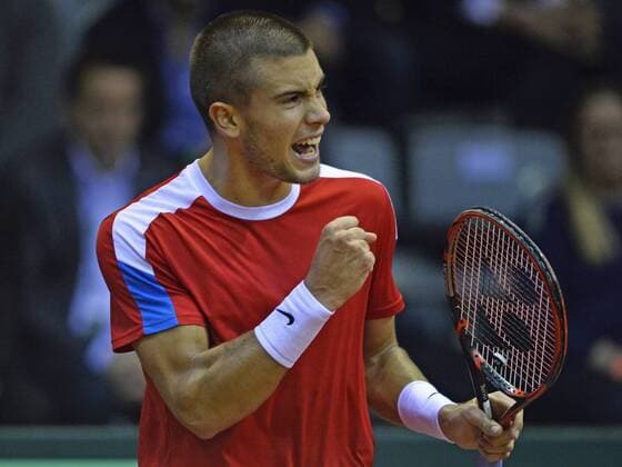 Croatian Borna Coric gestures during the second game, a single game between Belgian David Goffin ATP Tennis Herren 16) and Croatian Borna Coric (ATP 47) on the first day of the Davis Cup first round World Group meeting between Belgium and Croatia, Friday 04 March 2016, in Angleur, Liege. The first round will be played from 04 to 06 March 2016, Liege. BENOITxDOPPAGNE  x04804500x